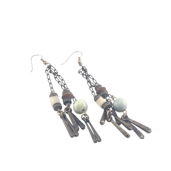 Boho Style Long Dangle Earrings With Metal Chain & Beads - Picture 2 of 8